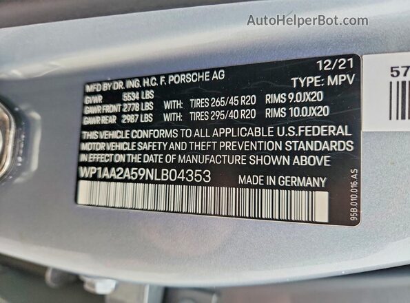 WP1AA2A59NLB04353 2022 PORSCHE MACAN Silver Widok naklejki z numerem VIN