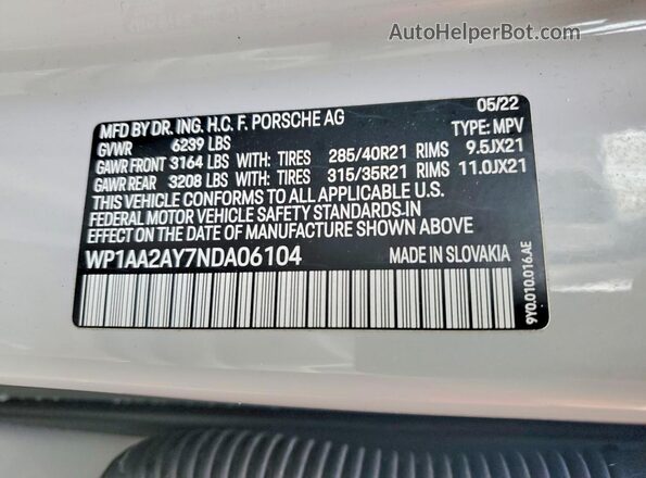 WP1AA2AY7NDA06104 2022 PORSCHE CAYENNE Серый Панорамный вид салона 360°