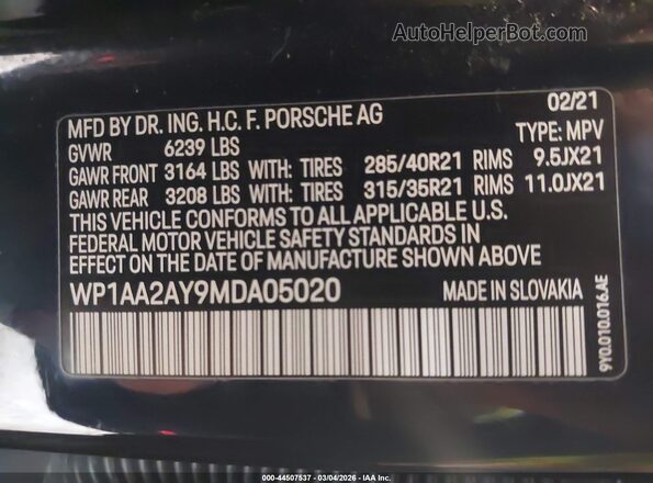 WP1AA2AY9MDA05020 2021 PORSCHE CAYENNE Синий Вид подкапотного пространства