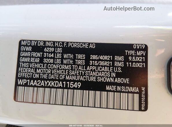 WP1AA2AYXKDA11549 2019 PORSCHE CAYENNE Белый Вид подкапотного пространства