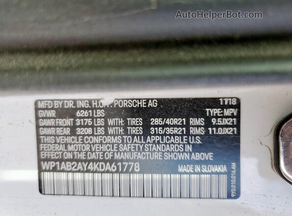 WP1AB2AY4KDA61778 2019 PORSCHE CAYENNE White Вид наклейки з VIN-кодом