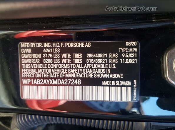 WP1AB2AYXMDA27248 2021 PORSCHE CAYENNE Черный Вид наклейки с VIN-кодом