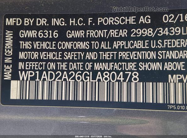 WP1AD2A26GLA80478 2016 PORSCHE CAYENNE Серый Вид подкапотного пространства