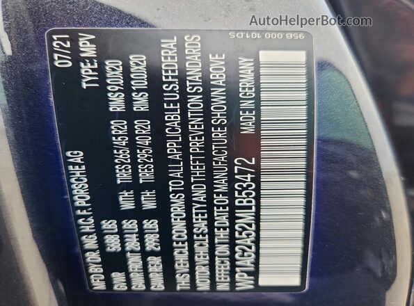 WP1AG2A52MLB53472 2021 PORSCHE MACAN Черный Вид наклейки с VIN-кодом