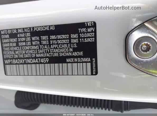 WP1BA2AY1NDA47459 2022 PORSCHE CAYENNE Белый Вид подкапотного пространства