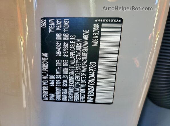 WP1BA2AY3NDA49780 2022 PORSCHE CAYENNE Gray VIN კოდის სტიკერის ხედი