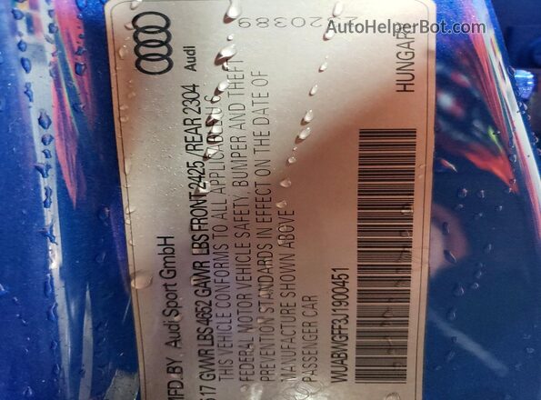 WUABWGFF3J1900451 2018 AUDI RS3 Blue Вид наклейки з VIN-кодом