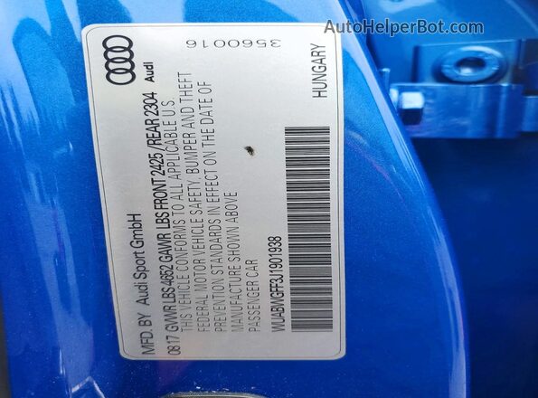 WUABWGFF3J1901938 2018 AUDI RS3 Синий Вид наклейки с VIN-кодом