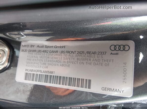 WUABWGFF5LA905881 2020 AUDI RS3 Серый Вид подкапотного пространства