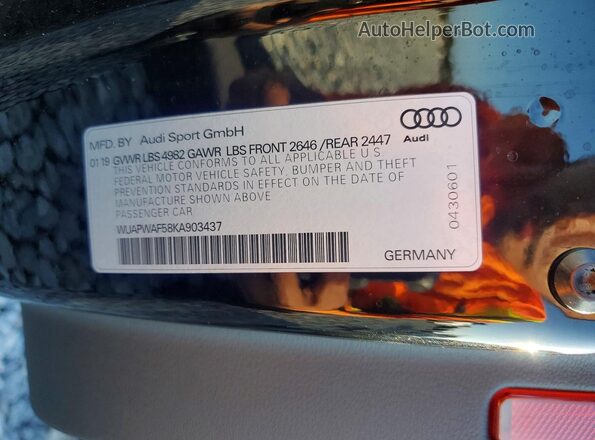 WUAPWAF58KA903437 2019 AUDI RS5 Черный Вид наклейки с VIN-кодом