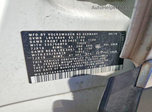 WVGAV7AX8GW506480 2016 VOLKSWAGEN TIGUAN Белый Вид наклейки с VIN-кодом