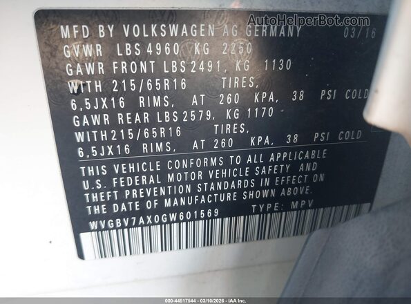 WVGBV7AX0GW601569 2016 VOLKSWAGEN TIGUAN Белый Вид подкапотного пространства