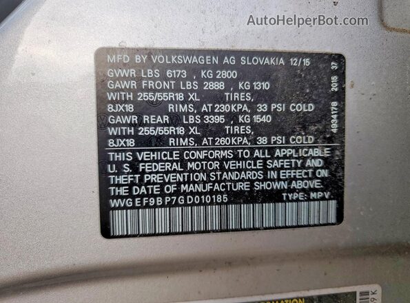 WVGEF9BP7GD010185 2016 VOLKSWAGEN TOUAREG Серебряный Вид подкапотного пространства
