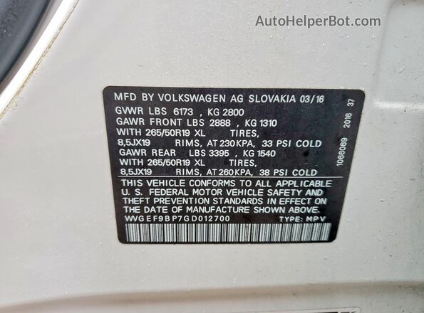 WVGEF9BP7GD012700 2016 VOLKSWAGEN TOUAREG Белый Панорамный вид салона 360°