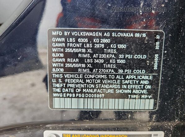 WVGEP9BP5GD005967 2016 VOLKSWAGEN TOUAREG Синий Вид наклейки с VIN-кодом
