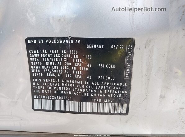 WVGRMPE2XNP049831 2022 VOLKSWAGEN ID.4 Серебряный Вид подкапотного пространства