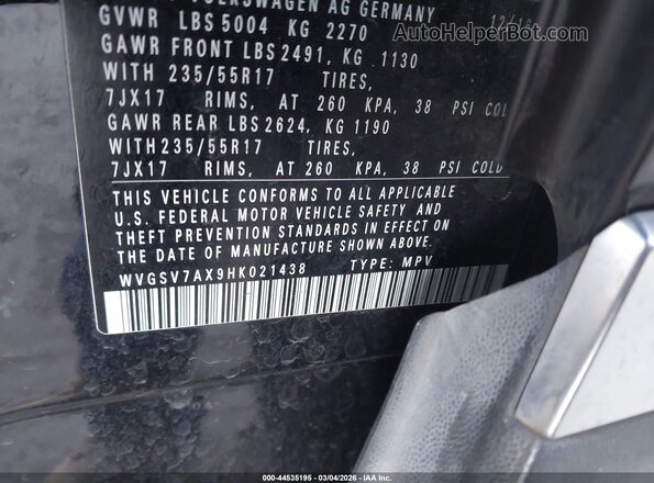 WVGSV7AX9HK021438 2017 VOLKSWAGEN TIGUAN Black Շարժիչի բաժամունքի տեսք