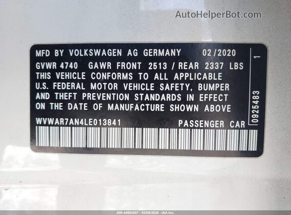 WVWAR7AN4LE013841 2020 VOLKSWAGEN ARTEON Белый Вид подкапотного пространства