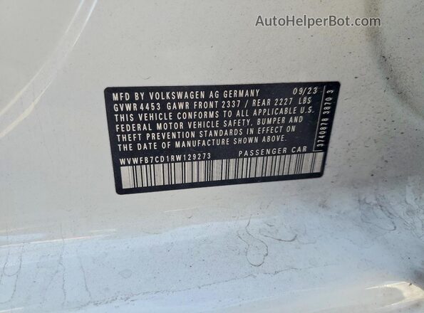 WVWFB7CD1RW129273 2024 VOLKSWAGEN GOLF Белый Вид наклейки с VIN-кодом