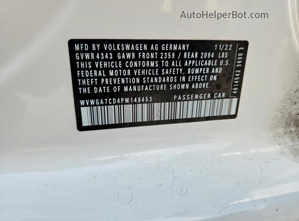 WVWGA7CD4PW148453 2023 VOLKSWAGEN GTI Белый Вид наклейки с VIN-кодом