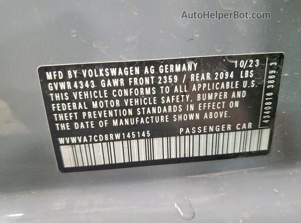 WVWVA7CD8RW145145 2024 VOLKSWAGEN GTI Gray VIN sticker view