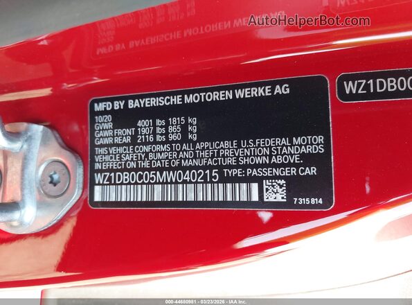 WZ1DB0C05MW040215 2021 TOYOTA GR SUPRA Красный Вид подкапотного пространства