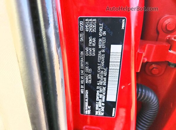 YV1102EL8L2391324 2020 VOLVO V60 Red Vista del compartimento del motor