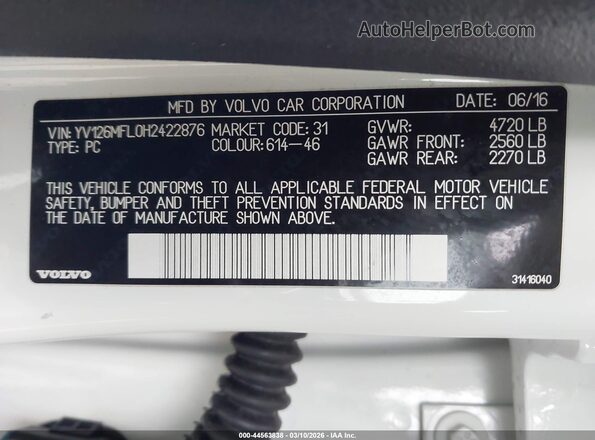 YV126MFL0H2422876 2017 VOLVO S60 Белый Вид подкапотного пространства