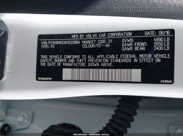 YV149MSS3H1333984 2017 VOLVO V60 White Widok komory silnika