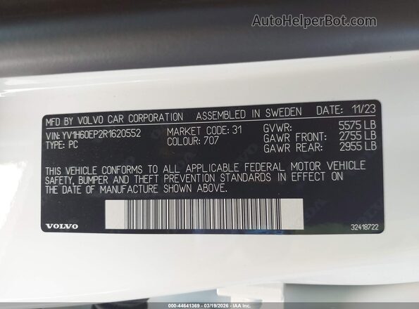 YV1H60EP2R1620552 2024 VOLVO V60 White Vista del compartimento del motor