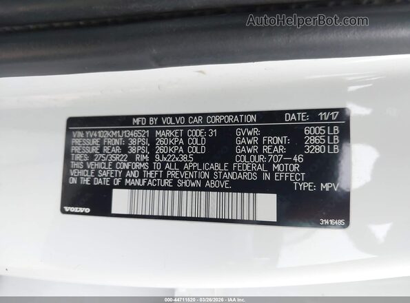 YV4102KM1J1346521 2018 VOLVO XC90 White Widok komory silnika