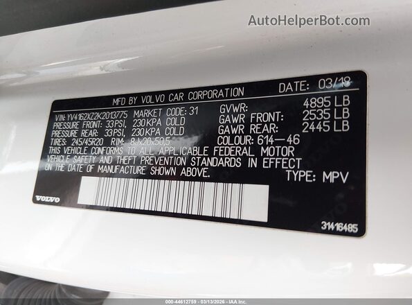 YV4162XZ2K2013775 2019 VOLVO XC40 White Vista del compartimento del motor