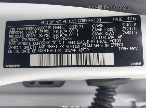YV440MDM5G2860915 2016 VOLVO XC60 White Widok komory silnika