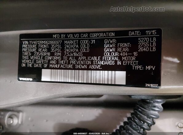 YV4612RM9G2866977 2016 VOLVO XC60 Желто-коричневый Вид подкапотного пространства