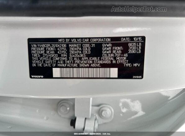 YV4BC0PL2G1042106 2016 VOLVO XC90 Белый Вид подкапотного пространства