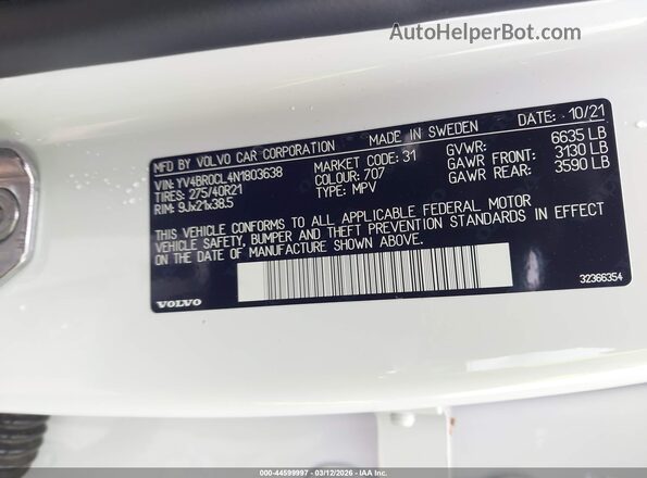 YV4BR0CL4N1803638 2022 VOLVO XC90 RECHARGE PLUG-IN HYBRID Белый Вид подкапотного пространства