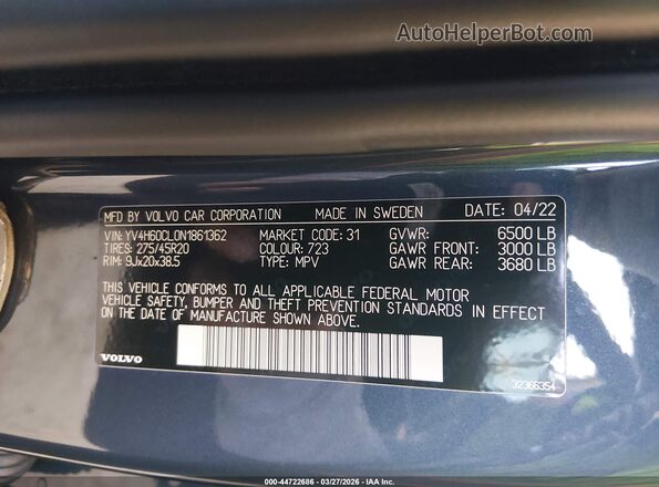 YV4H60CL0N1861362 2022 VOLVO XC90 RECHARGE PLUG-IN HYBRID Синий Вид подкапотного пространства