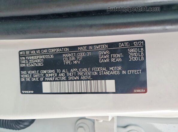 YV4H60DP6N1013536 2022 VOLVO XC60 Белый Вид наклейки с VIN-кодом