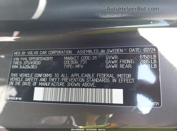 YV4L12PE6R1240911 2024 VOLVO XC90 Серый Вид подкапотного пространства