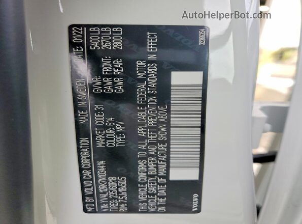 YV4L12RK7N1034414 2022 VOLVO XC60 Белый Вид наклейки с VIN-кодом