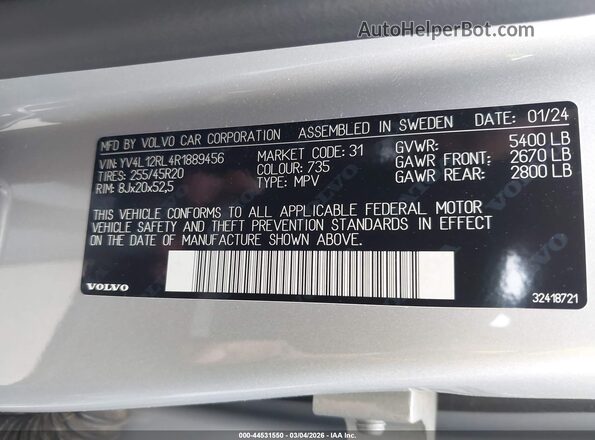 YV4L12RL4R1889456 2024 VOLVO XC60 Silver Vista del compartimento del motor