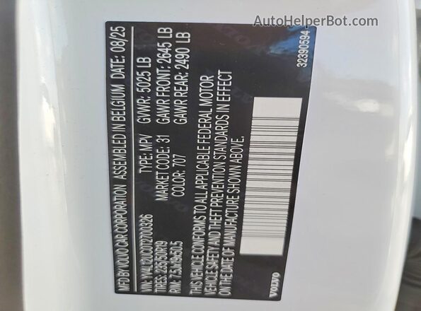 YV4L12UC0T2700326 2026 VOLVO XC40 Белый Вид наклейки с VIN-кодом