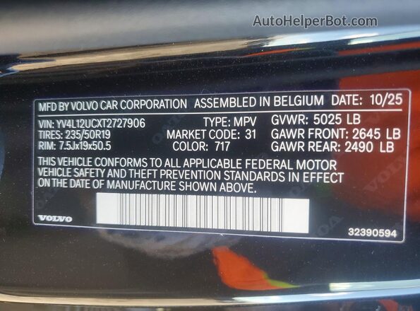 YV4L12UCXT2727906 2026 VOLVO XC40 Black Widok naklejki z numerem VIN