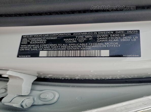 YV4M12RC1T1329681 2026 VOLVO XC60 Белый Вид наклейки с VIN-кодом
