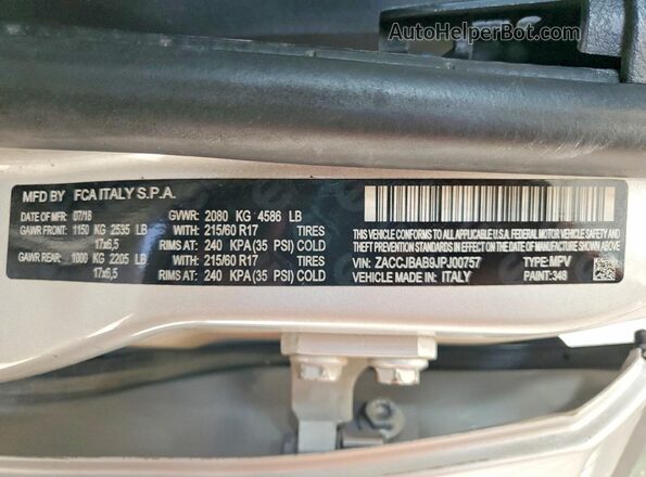 ZACCJBAB9JPJ00757 2018 JEEP RENEGADE Серебряный Вид наклейки с VIN-кодом