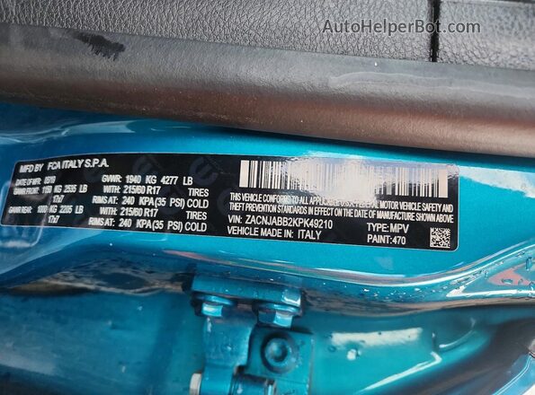 ZACNJABB2KPK49210 2019 JEEP RENEGADE Turquoise Widok komory silnika