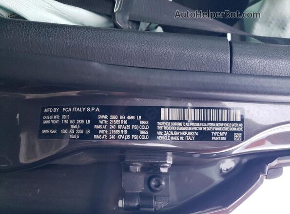 ZACNJBA14KPJ98274 2019 JEEP RENEGADE Gray Widok naklejki z numerem VIN