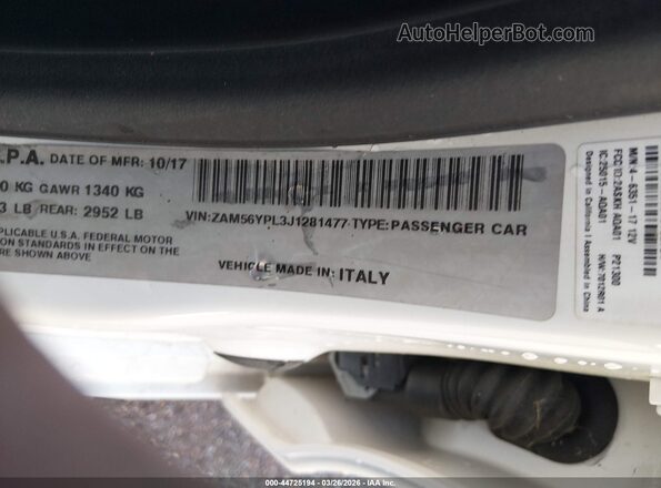 ZAM56YPL3J1281477 2018 MASERATI QUATTROPOR White Вид підкапотного простору