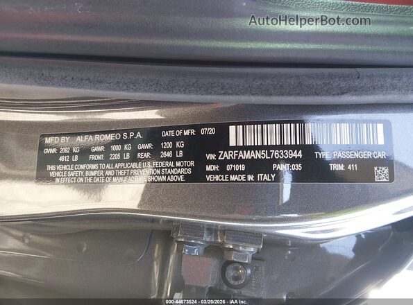 ZARFAMAN5L7633944 2020 ALFA ROMEO GIULIA Серый Вид подкапотного пространства