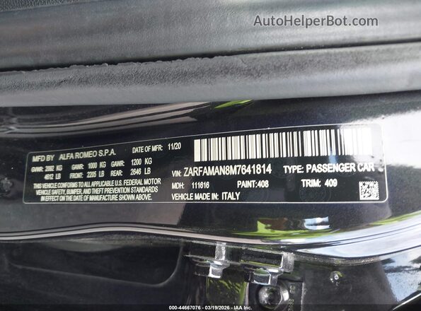 ZARFAMAN8M7641814 2021 ALFA ROMEO GIULIA Черный Вид подкапотного пространства
